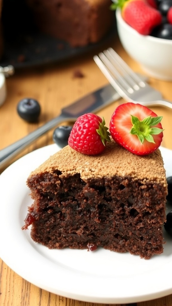 A slice of healthy air fryer chocolate cake topped with berries on a rustic table.